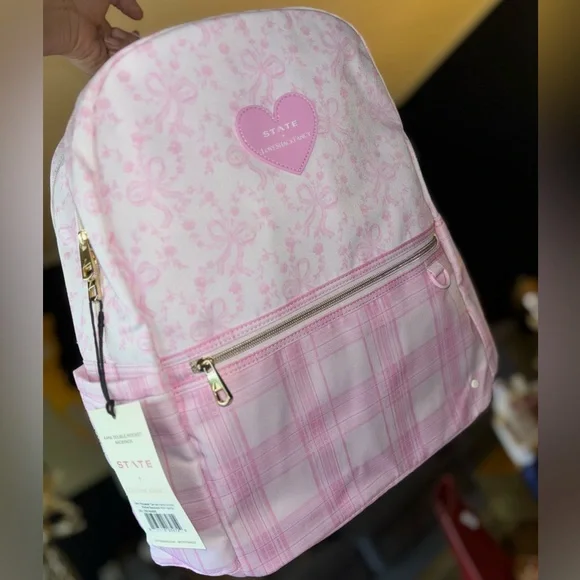 LoveShackFancy state pink coquette bow and gingham print backpack bag - Picture 4 of 12